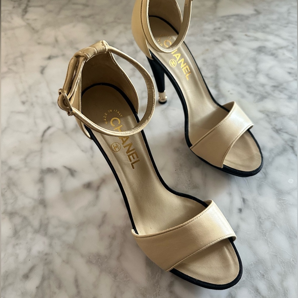 CHANEL Beige Light Gold Black Heels Platform
